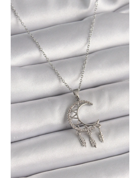 316L Çelik Gümüş Renk Zincir Zirkon Taşlı Hilal Model Sallantı Yaprak Detay Kadın Kolye