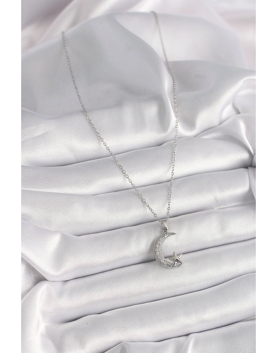 316L Çelik Gümüş Renk Zincir Zirkon Taşlı Hilal Model Yıldız Detay Kadın Kolye