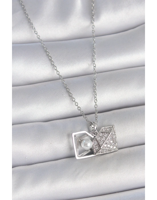 316L Çelik Gümüş Renk Zincir Zirkon Taşlı İncili Açılır Elmas Model Kadın Kolye