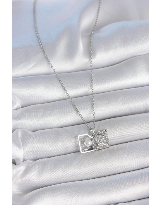 316L Çelik Gümüş Renk Zincir Zirkon Taşlı İncili Açılır Elmas Model Kadın Kolye