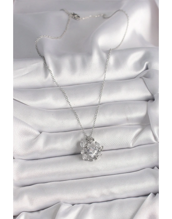 316L Çelik Gümüş Renk Zincir Zirkon Taşlı Kalp Figür Gül Detay Kadın Kolye