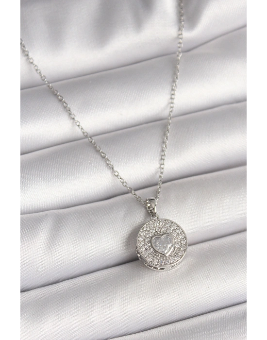 316L Çelik Gümüş Renk Zincir Zirkon Taşlı Kalp İşlemeli Madalyon Model Kadın Kolye