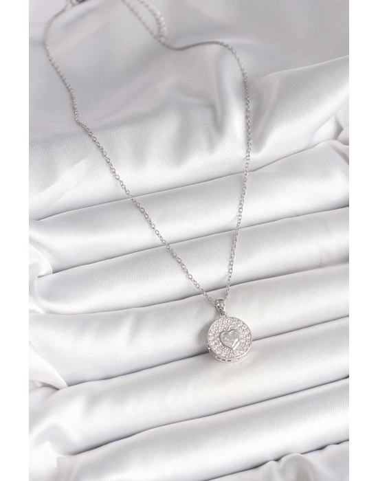 316L Çelik Gümüş Renk Zincir Zirkon Taşlı Kalp İşlemeli Madalyon Model Kadın Kolye