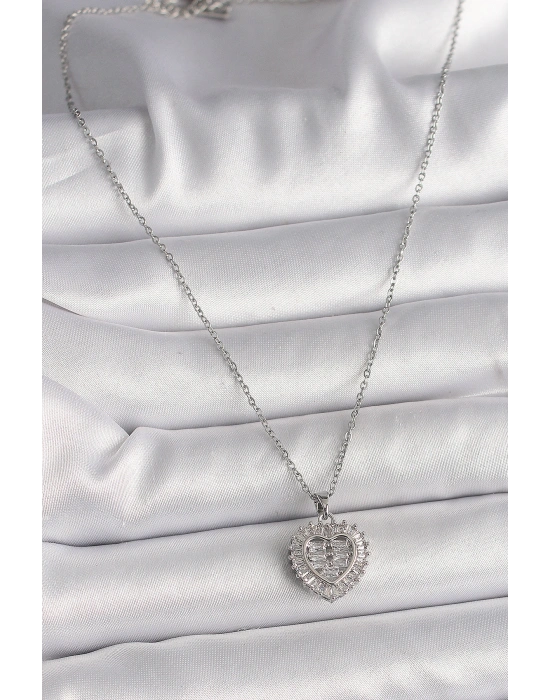 316L Çelik Gümüş Renk Zincir Zirkon Taşlı Kalp Model Kadın Kolye