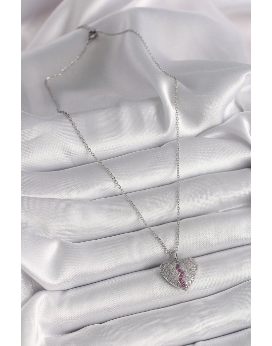 316L Çelik Gümüş Renk Zincir Zirkon Taşlı Kalp Model Kadın Kolye