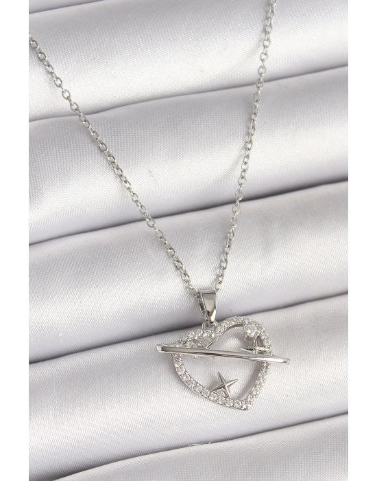 316L Çelik Gümüş Renk Zincir Zirkon Taşlı Kalp Model Yıldız Detay Kadın Kolye