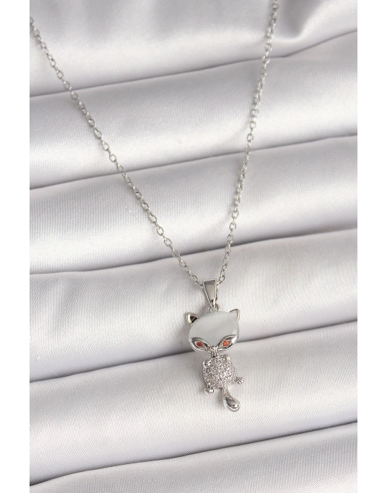 316L Çelik Gümüş Renk Zincir Zirkon Taşlı Kedi Model Kadın Kolye