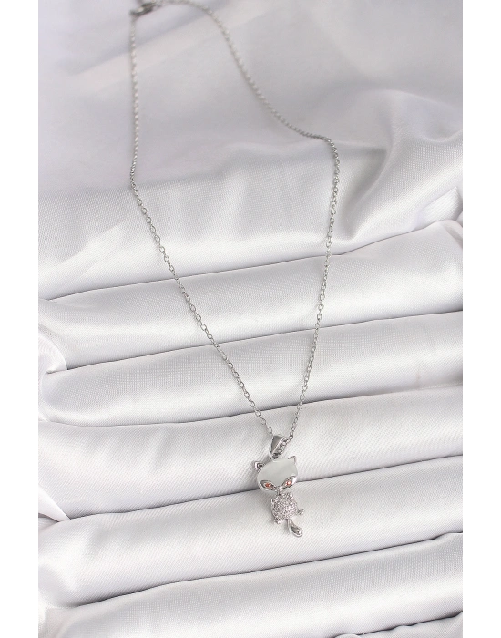 316L Çelik Gümüş Renk Zincir Zirkon Taşlı Kedi Model Kadın Kolye