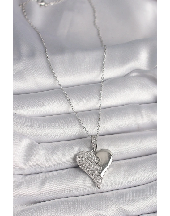 316L Çelik Gümüş Renk Zincir Zirkon Taşlı Kırık Kalp Model Kadın Kolye