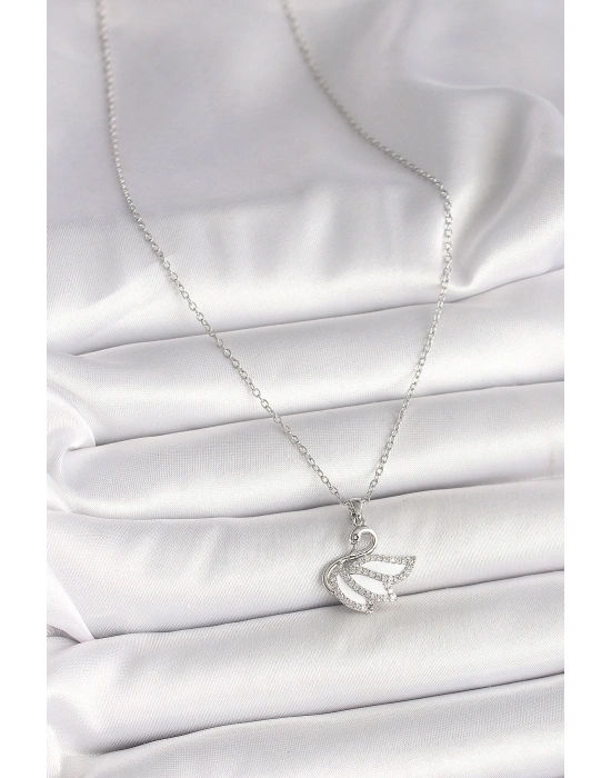 316L Çelik Gümüş Renk Zincir Zirkon Taşlı Kuğu Model Kadın Kolye