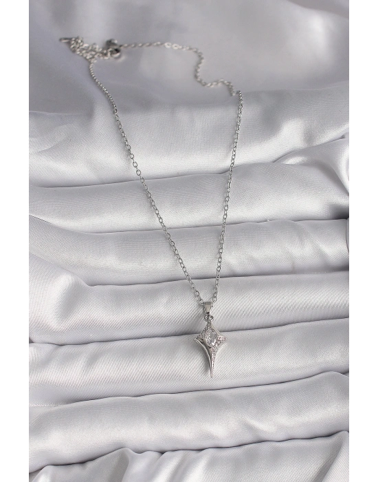 316L Çelik Gümüş Renk Zincir Zirkon Taşlı Kuzey Yıldızı Model Kadın Kolye