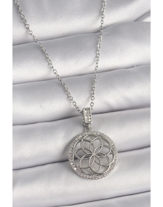 316L Çelik Gümüş Renk Zincir Zirkon Taşlı Lotus Model Kadın Kolye