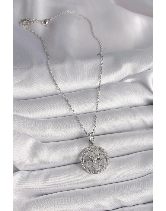 316L Çelik Gümüş Renk Zincir Zirkon Taşlı Lotus Model Kadın Kolye