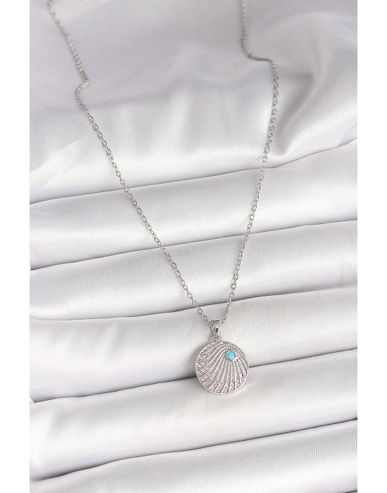 316L Çelik Gümüş Renk Zincir Zirkon Taşlı Mavi Taş Detaylı Madalyon Model Kadın Kolye