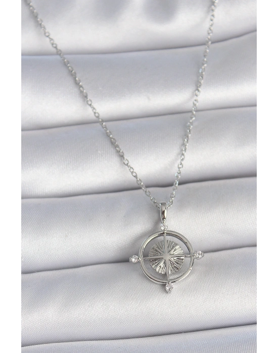 316L Çelik Gümüş Renk Zincir Zirkon Taşlı Pusula Model Kadın Kolye