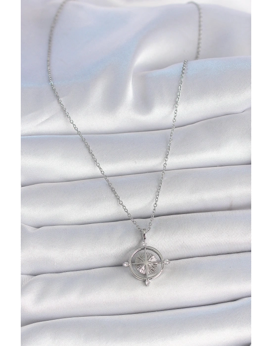 316L Çelik Gümüş Renk Zincir Zirkon Taşlı Pusula Model Kadın Kolye