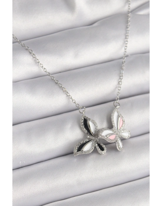 316L Çelik Gümüş Renk Zincir Zirkon Taşlı Renkli Kelebek Model Kadın Kolye