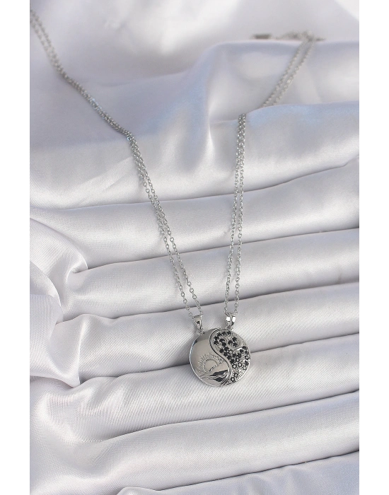 316L Çelik Gümüş Renk Zincir Zirkon Taşlı Ying Yang Model Gün Batımı İşlemeli Arakdaşlık Kadın Kolye