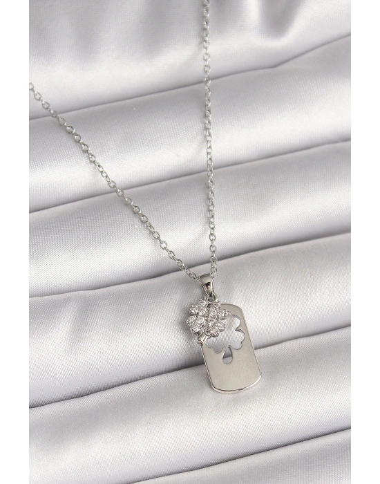 316L Çelik Gümüş Renk Zincir Zirkon Taşlı Yonca Model Kadın Kolye