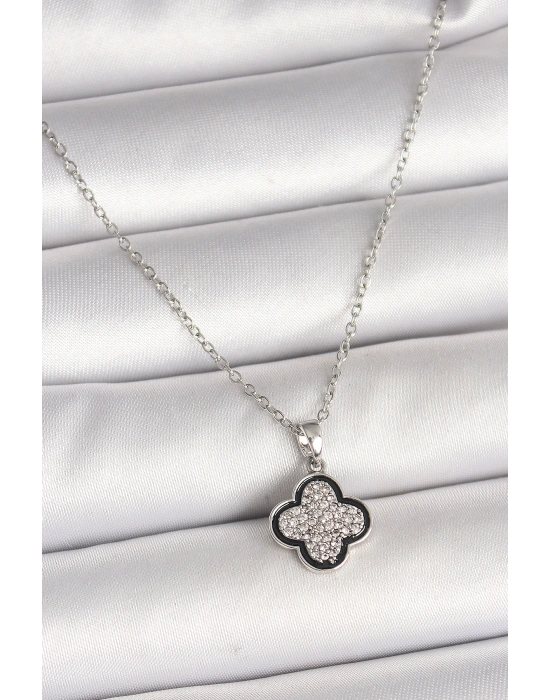 316L Çelik Gümüş Renk Zincir Zirkon Taşlı Yonca Model Kadın Kolye