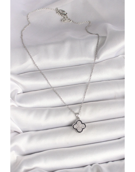 316L Çelik Gümüş Renk Zincir Zirkon Taşlı Yonca Model Kadın Kolye