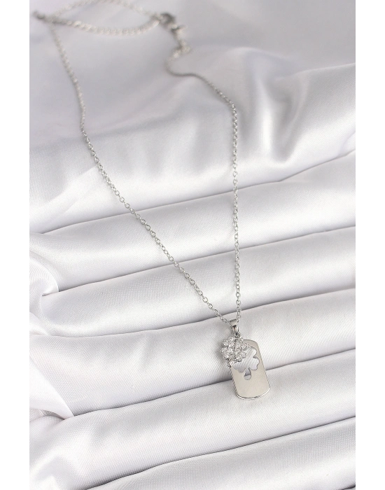 316L Çelik Gümüş Renk Zincir Zirkon Taşlı Yonca Model Kadın Kolye