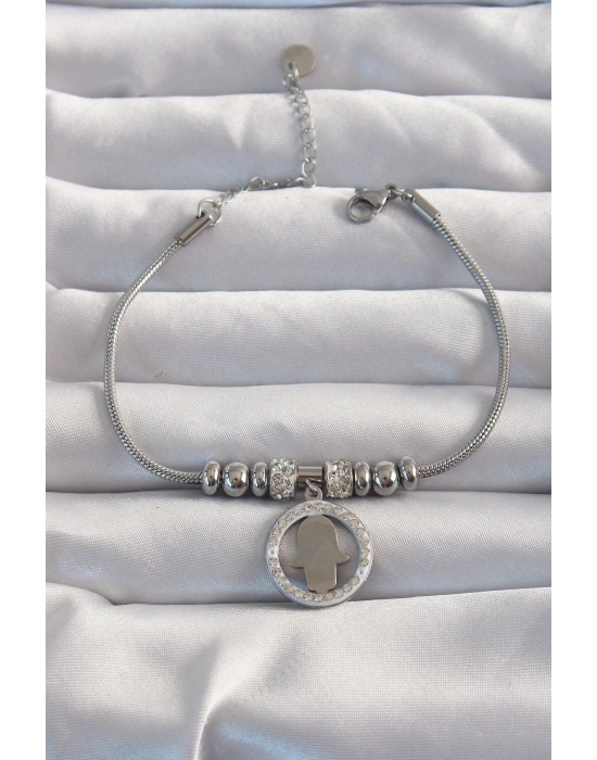 316L Çelik Gümüş Renk Zirkon Taş Aksesuarlı Fatma Ana Eli Bileklik