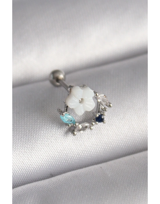 316L Çelik Gümüş Renk Zirkon Taş Detay Beyaz Çiçek Model Tragus Piercing
