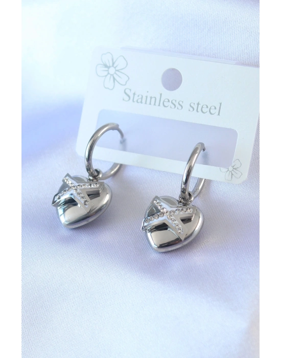 316L Çelik Gümüş Renk Zirkon Taş Detay Kalp Model Kadın Küpe