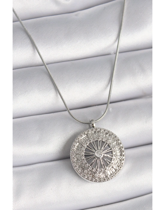 316L Çelik Gümüş Renk Zirkon Taşlı 12 Burç Madalyon Model Kadın Kolye