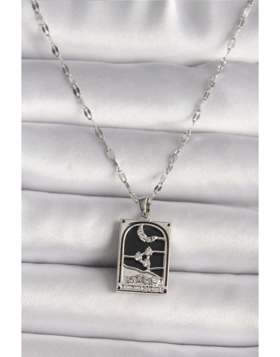 316L Çelik Gümüş Renk Zirkon Taşlı  Ay Figürlü Taror Model Kadın Kolye