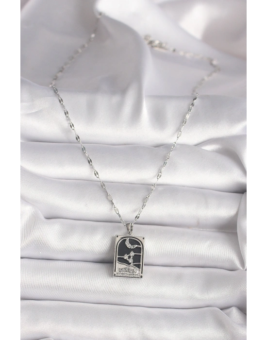 316L Çelik Gümüş Renk Zirkon Taşlı  Ay Figürlü Taror Model Kadın Kolye