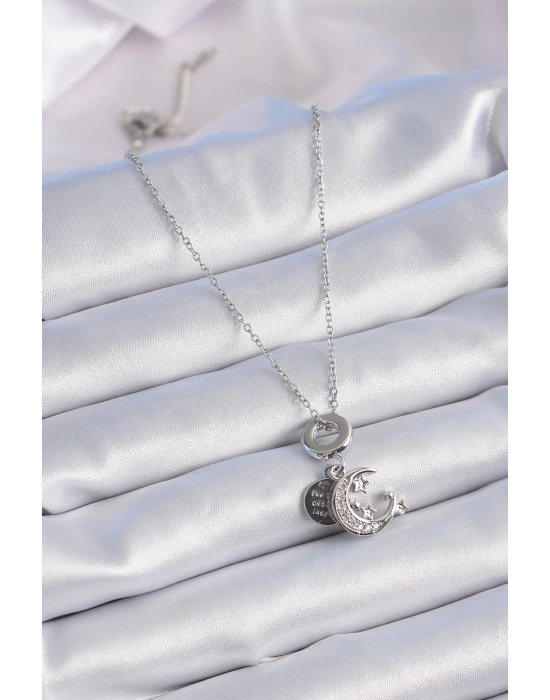 316L Çelik Gümüş Renk Zirkon Taşlı Ay Yıldız  Figür Charm Model Kadın Kolye