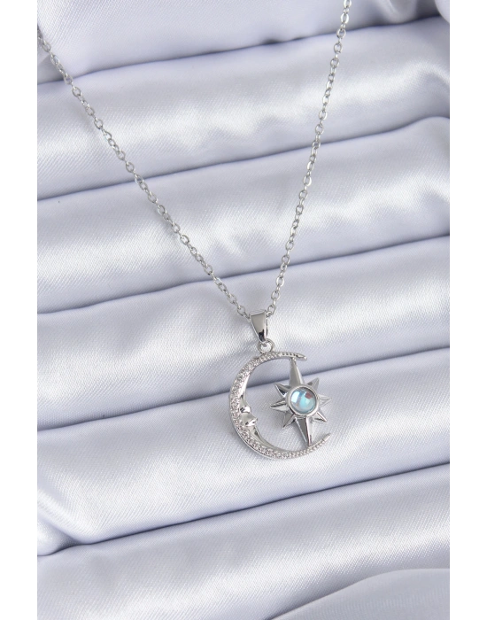 316L Çelik Gümüş Renk Zirkon Taşlı Ay Yıldız Model Kadın Kolye