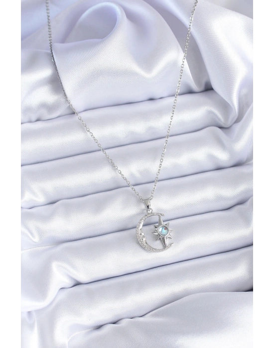 316L Çelik Gümüş Renk Zirkon Taşlı Ay Yıldız Model Kadın Kolye