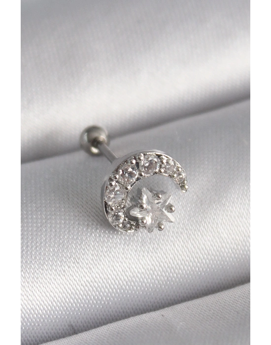 316L Çelik Gümüş Renk Zirkon Taşlı Ay Yıldız Tragus Piercing