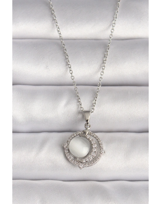 316L Çelik Gümüş Renk Zirkon Taşlı Beyaz Sedefli Hilal Model Kadın Kolye
