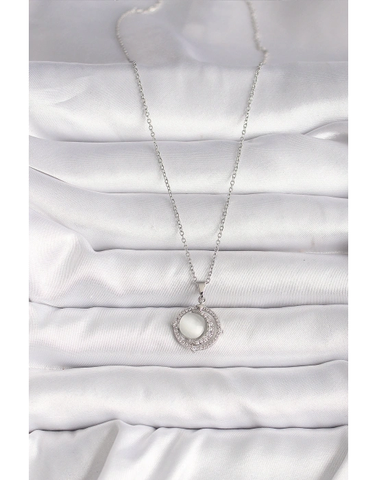 316L Çelik Gümüş Renk Zirkon Taşlı Beyaz Sedefli Hilal Model Kadın Kolye