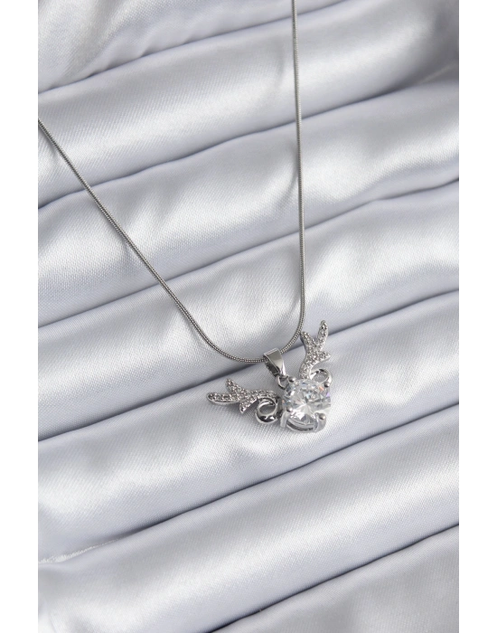 316L Çelik Gümüş Renk Zirkon Taşlı Boynuz Model Kadın Kolye