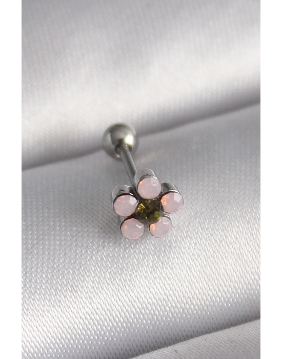 316L Çelik Gümüş Renk Zirkon Taşlı Çiçek Tragus Piercing