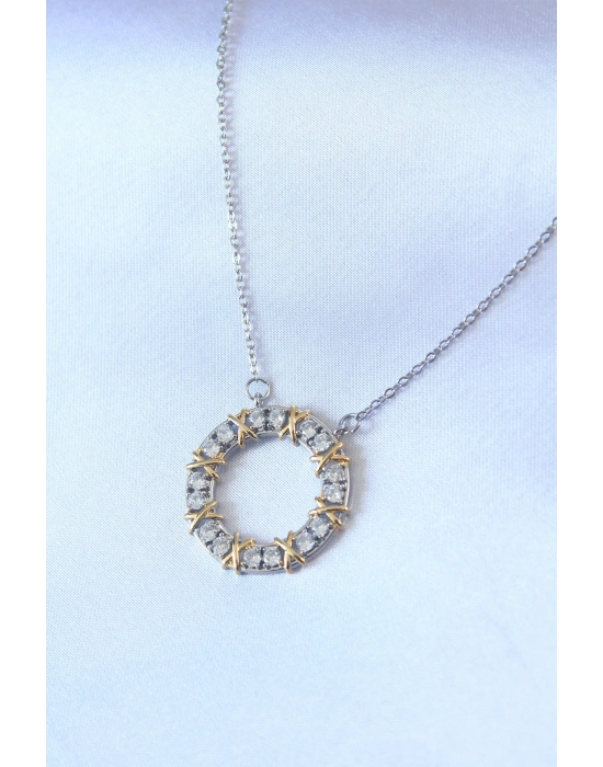 316L Çelik Gümüş Renk Zirkon Taşlı Gold Detay Xoxo Kadın Kolye