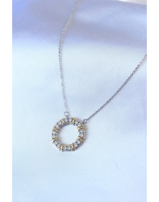 316L Çelik Gümüş Renk Zirkon Taşlı Gold Detay Xoxo Kadın Kolye