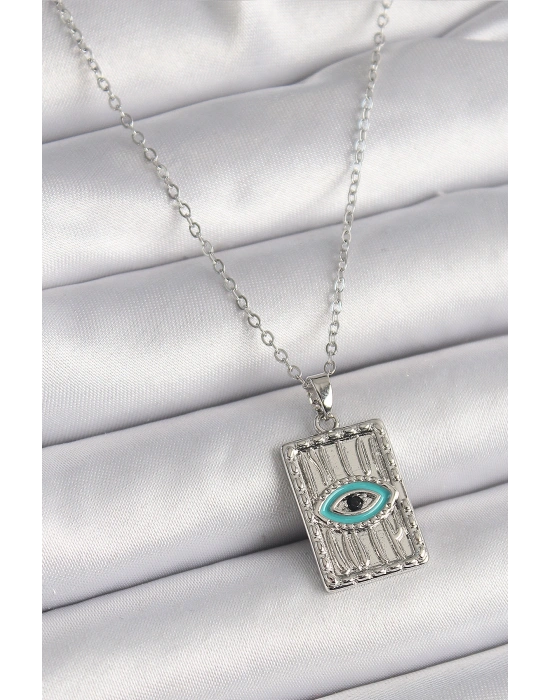 316L Çelik Gümüş Renk Zirkon Taşlı Göz İşleme Detaylı Plaka Model Kadın Kolye