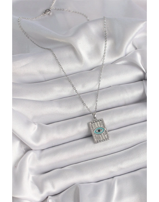 316L Çelik Gümüş Renk Zirkon Taşlı Göz İşleme Detaylı Plaka Model Kadın Kolye