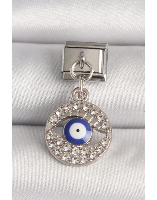 316L Çelik Gümüş Renk Zirkon Taşlı Göz Model Nazar Boncuk Detay Nomination Charm