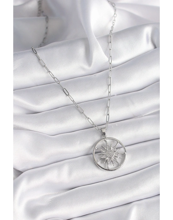 316L Çelik Gümüş Renk Zirkon Taşlı Güneş Madalyon Model Kadın Kolye