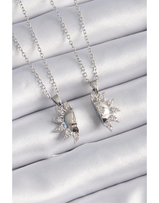 316L Çelik Gümüş Renk Zirkon Taşlı Güneş Model İşleme Yazı Detay Arkadaşlık Kolyesi