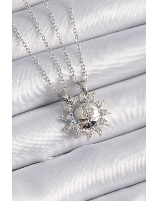 316L Çelik Gümüş Renk Zirkon Taşlı Güneş Model İşleme Yazı Detay Arkadaşlık Kolyesi
