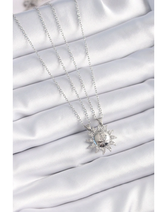 316L Çelik Gümüş Renk Zirkon Taşlı Güneş Model İşleme Yazı Detay Arkadaşlık Kolyesi