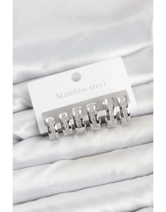 316L Çelik Gümüş Renk Zirkon Taşlı Halka Küpe Seti